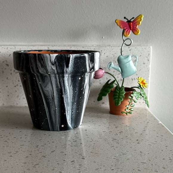 Hand Crafted Other - Hand painted 4” acrylic terracotta flower pot black white glitter